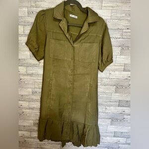 Dex Plus Olive Green Button Front Dress Belted w/Pockets - Size 1X